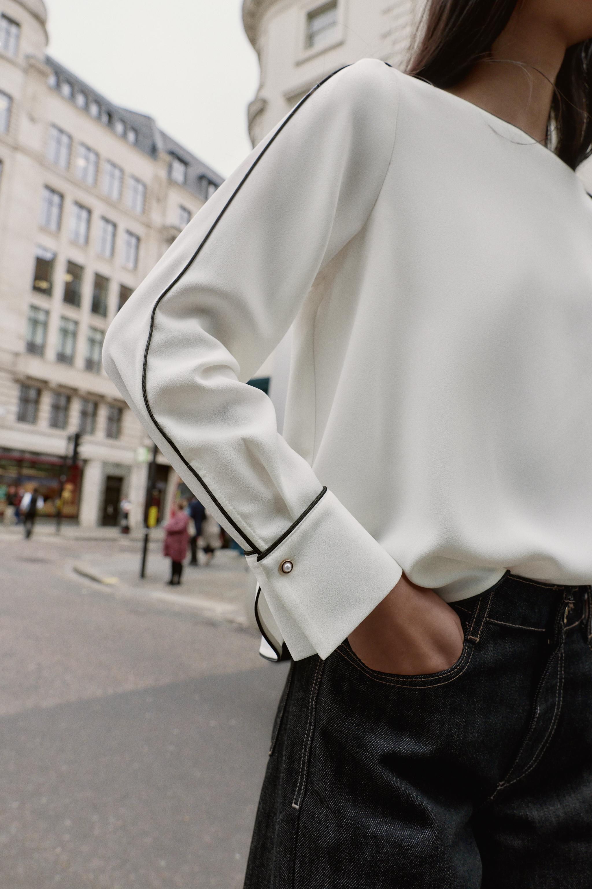 CONTRAST PIPING CREPE BLOUSE